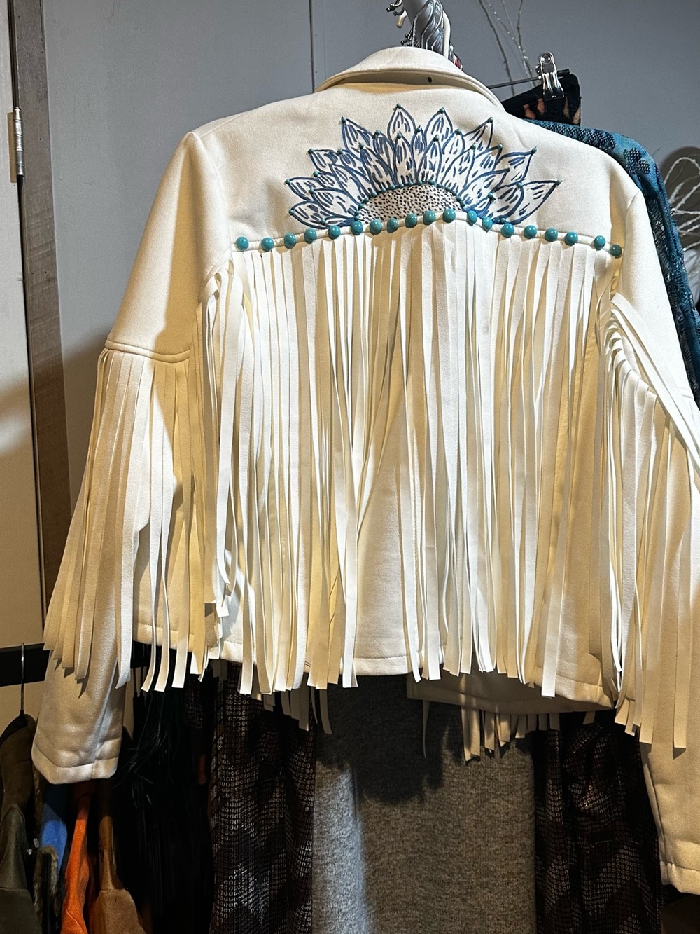 Cream Fringe engraved Jacket with Turquoise Studs and Blue Sunflower Detail - Picture 5 of 6